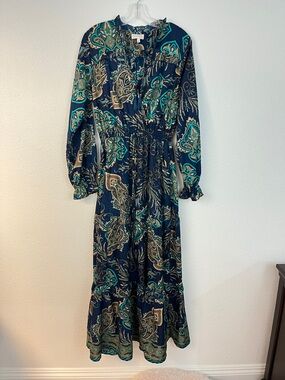 Anthropologie Boemo Royal Blue Paisley Ruffles Tasseled Tiered Maxi Dress M